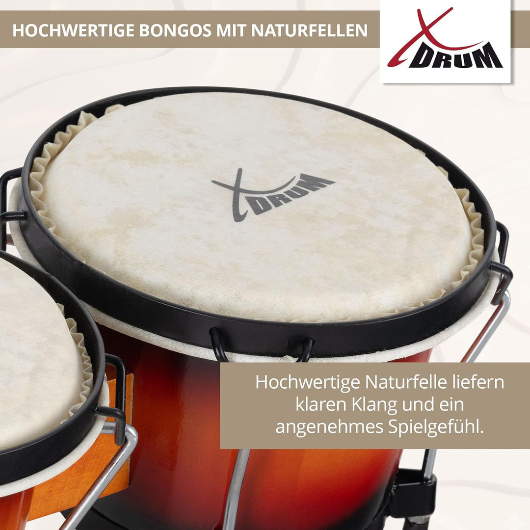 XDrum Bongos Club - 6" Macho und 7" Hembra - Naturfelle - professionelles Stimmsystem - Schwarz sati