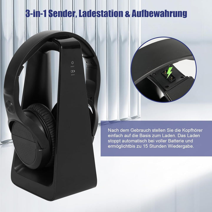 Kabellose TV-Kopfhörer für Senioren mit grossen Tasten, Ladestation, RF-Sender 2,4 GHz, Unterstützun
