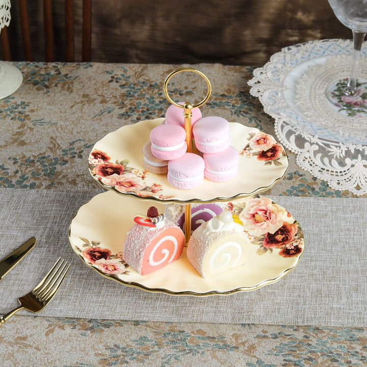 fanquare 2 Stöckig Gold Etagère aus Keramik, Porzellan Tortenständer, Obst und Cupcake Ständer, Serv