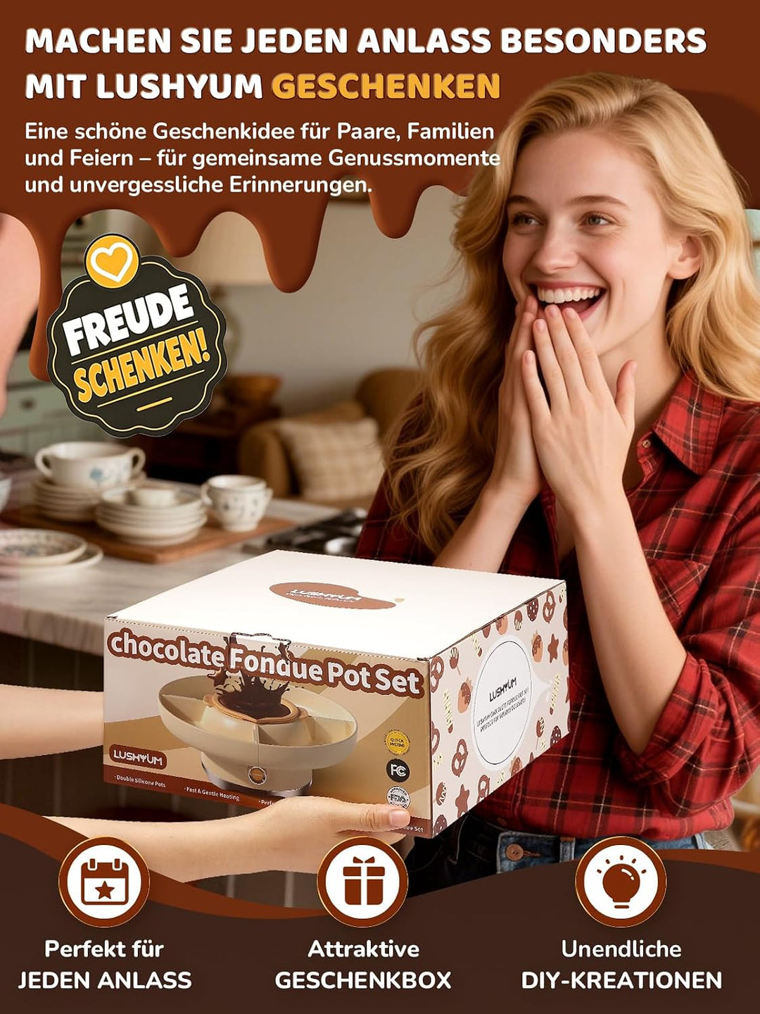 Schokofondue Set elektrisch, 800 ml Schokoladenschmelzer mit drehbarer Servierschale Fondueset, 4 Fä