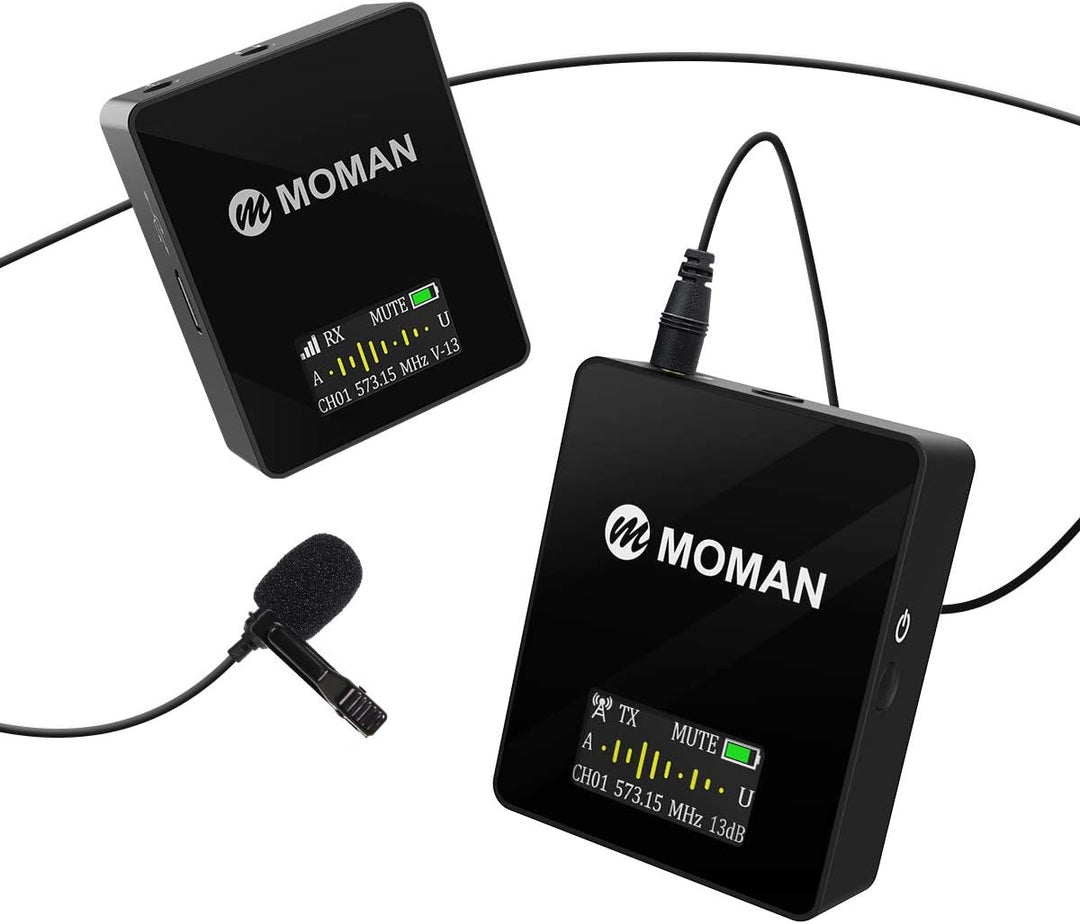Moman Lavalier Funkmikrofon, Kabellos Ansteckmikrofon System, Wireless Microphone Mics, UHF 36-Kanäl