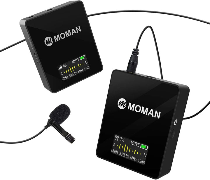 Moman Lavalier Funkmikrofon, Kabellos Ansteckmikrofon System, Wireless Microphone Mics, UHF 36-Kanäl