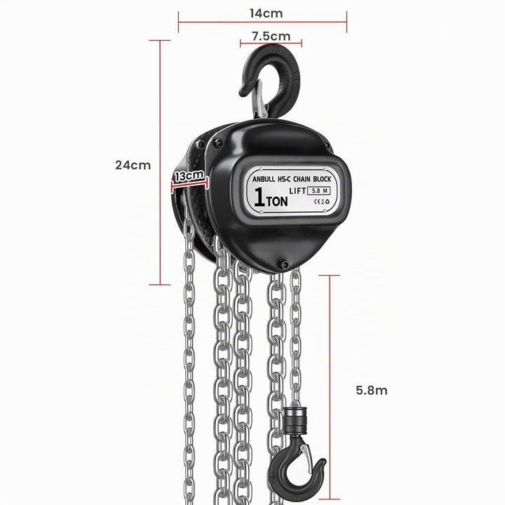 Anbull Flaschenzug, Kettenzug 1000kg, 5,8m Hubhöhe, Vollverzinkte Kette, Keine Ölflecken und rostfre