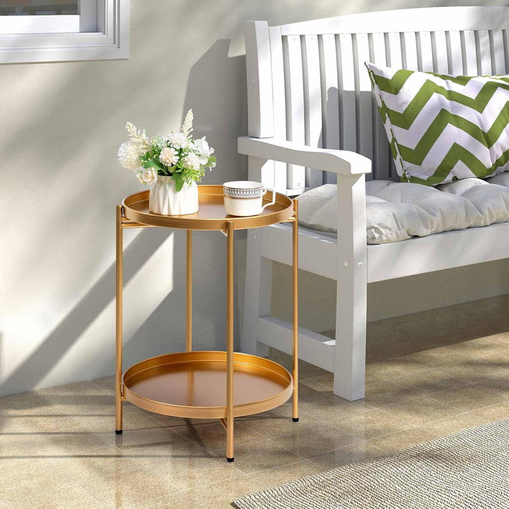 HollyHOME Runder Beistelltisch, 2 Ebenen Goldener Beistelltisch Metalltablett, Snacktisch, Couchtisc