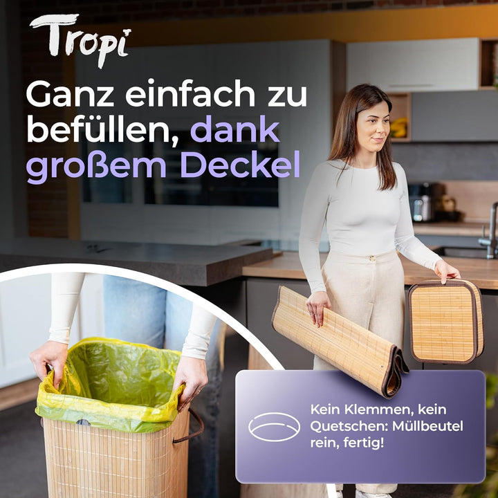 Tropi® Bambus Müllsackständer für Gelbe Säcke – 80L Gelber Sack Ständer mit Deckel & Sichtschutz – E
