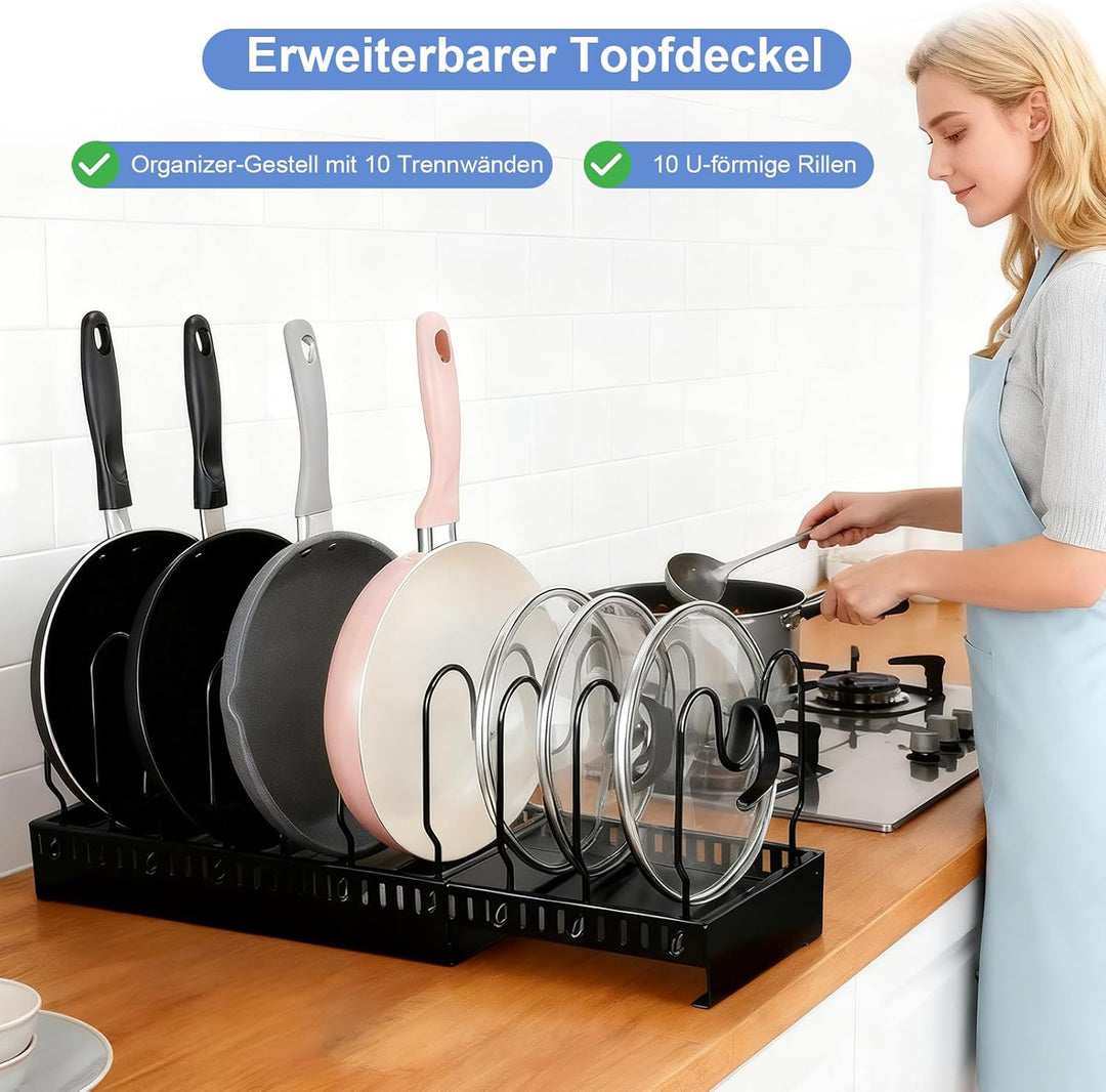 Voency Pfannenhalter für Schublade, Erweiterbarer Topfdeckelhalter, Topfdeckel Aufbewahrung mit 10 V