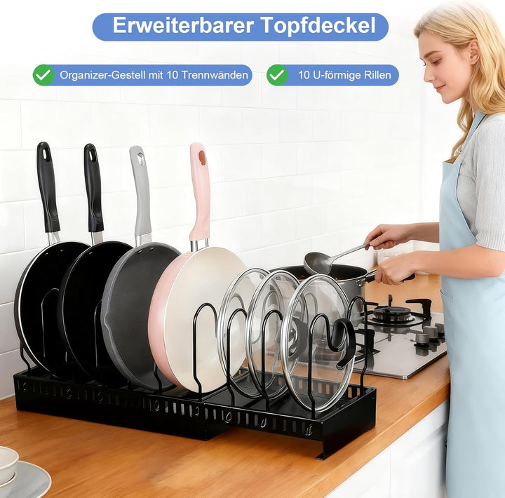 Voency Pfannenhalter für Schublade, Erweiterbarer Topfdeckelhalter, Topfdeckel Aufbewahrung mit 10 V
