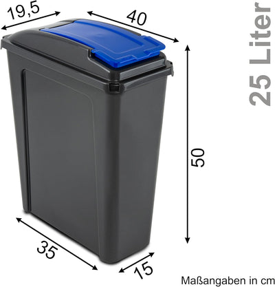 Mülltonne 3x 25 Liter Schwarz-Gelb-Grün-Blau, Mülleimer Küche, Mülleimer 3 Fächer, Mülltrennsystem 3