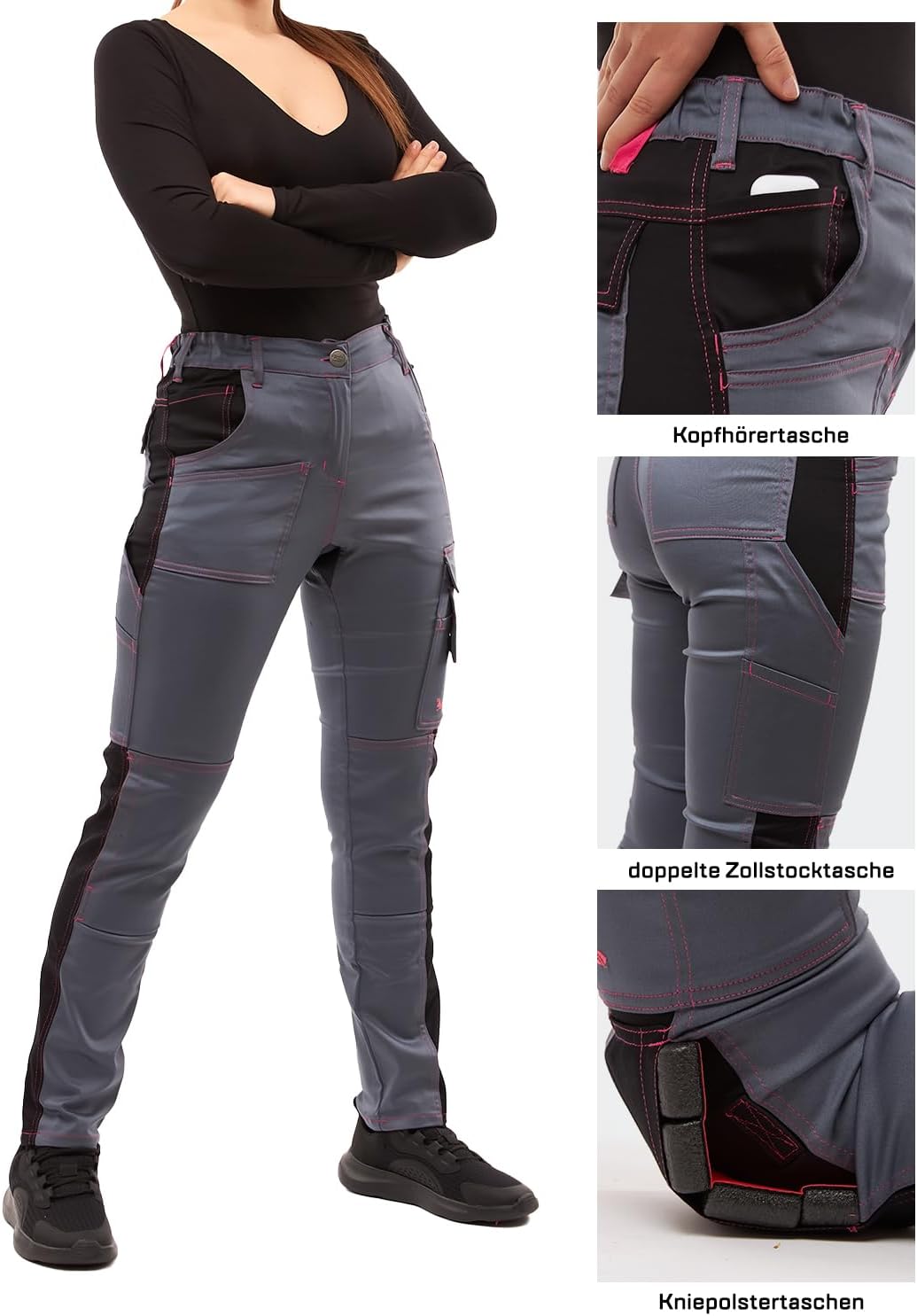 strongAnt Damen Arbeitshose komplett Stretch für Frauen Bundhose mit Kniepolstertaschen Schwarz Grau