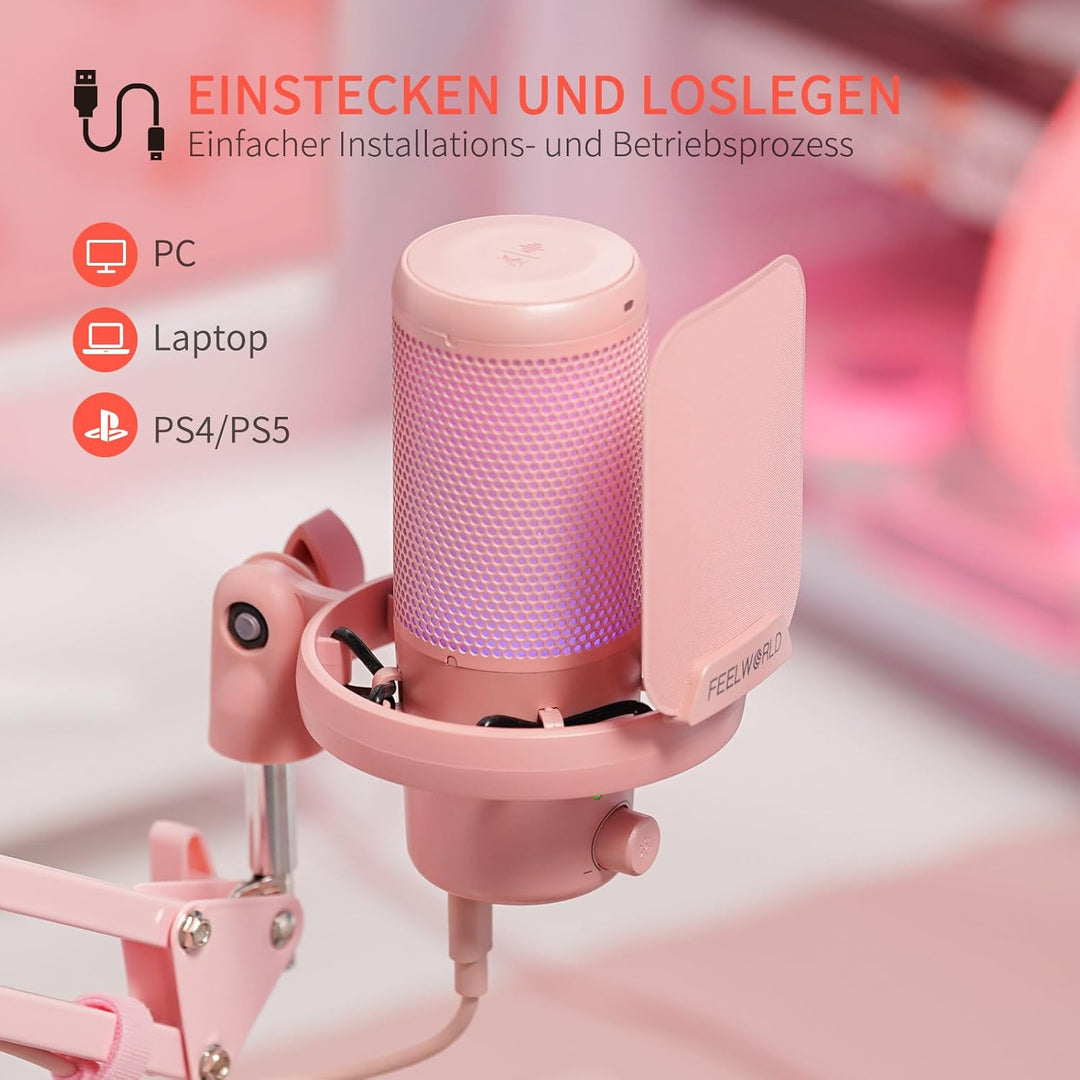 FEELWORLD VM1 USB-Gaming-Mikrofon mit Kragarmständer für die Aufnahme von Podcasts,Videospielen,Stud