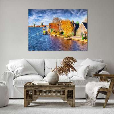 Bilder auf Leinwand 100x70cm Leinwandbild Landschaft Windmühle Wasser Dorf Gross Wanddeko Bild Schla