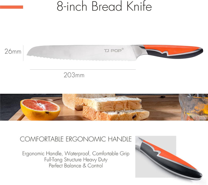 TJ POP Brotmesser Wellenschliff, Küchenmesser Profi Messer 20cm, Ultrascharfes Brotschneidemesser Fu