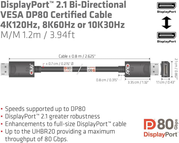 Club3D CAC-1091 DisplayPort™ 2.1 Bi-Direktionales VESA DP80 zertifiziertes Kabel 4K120Hz, 8K60Hz ode
