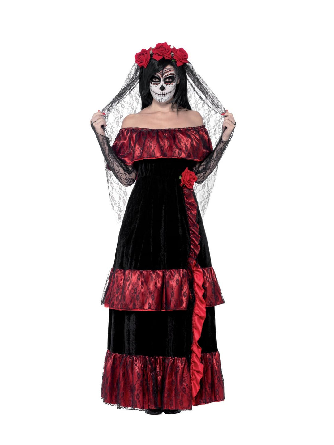 Smiffys, Damen Tag der Toten Braut Kostüm, Kleid und Rosenschleier, 43739 Halloween Plus X2 (UK 24-2