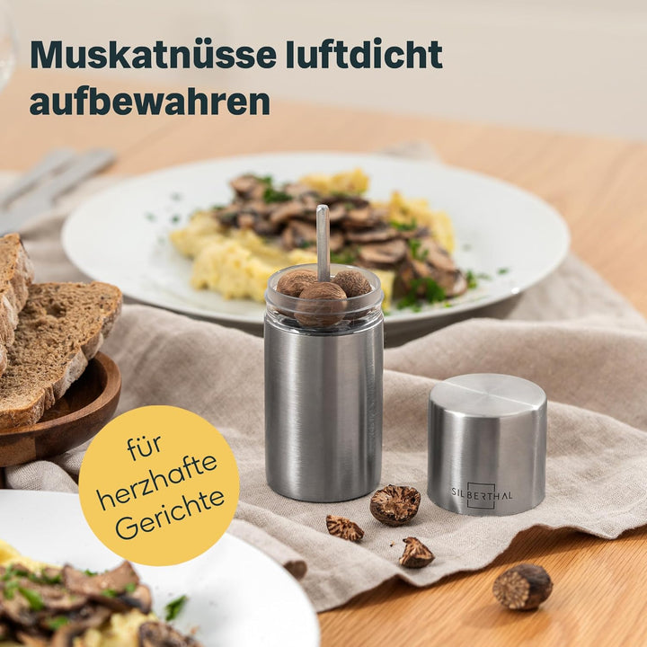 SILBERTHAL Muskatnuss Mühle für fein gemahlene Muskatnuss - Muskatreibe mit Aufbewahrung aus Edelsta