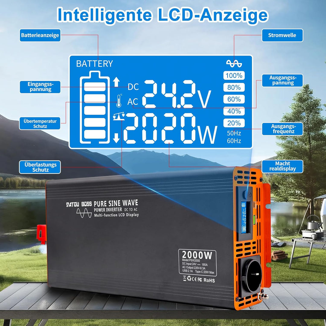 DATOUBOSS Wechselrichter Reiner Sinus 2000W/4000W Spannungswandler 24V 230V LCD-Display und 1x USB +
