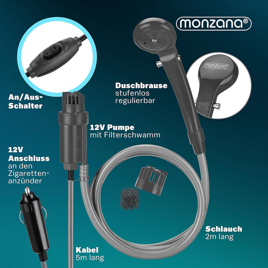Monzana® Campingdusche tragbar mit Pumpe 12V KFZ-Adapter Aufbewahrungstasche 2m Schlauch 5m Stromkab