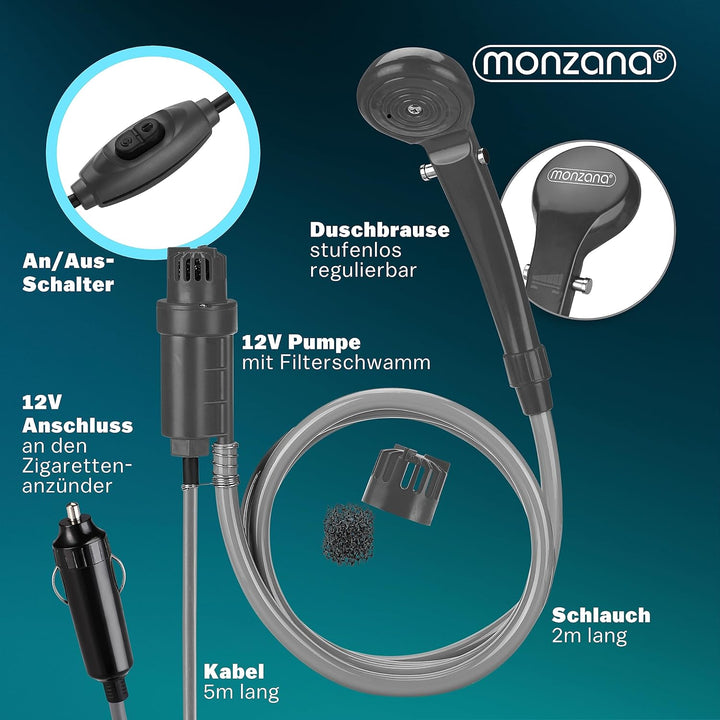 Monzana® Campingdusche tragbar mit Pumpe 12V KFZ-Adapter Aufbewahrungstasche 2m Schlauch 5m Stromkab