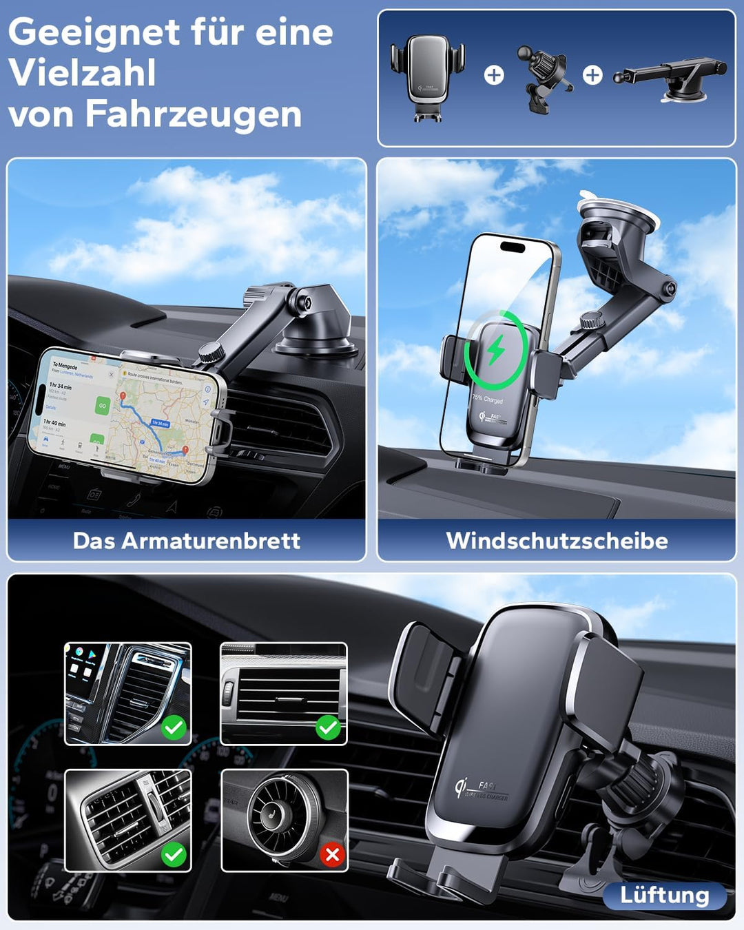 KPON Qi-Zertifizierung Handyhalterung Auto mit Ladefunktion, 15W Induktive Ladestation Auto für Wind