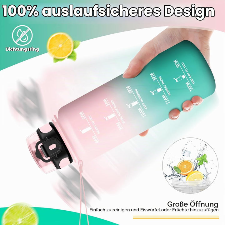 KollyKolla Trinkflasche Kohlensäure Geeignet, 500ml/1L/1.5L, Sport Trinkflasche mit Zeitmarkierung,