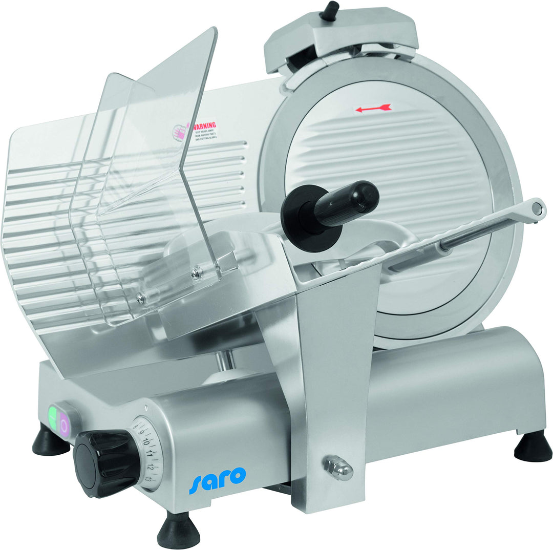 SARO Aufschnittmaschine – Ø 300 mm Klinge – Schnittstärke 0–13 mm – Mit Messerschärfer – Leichtmetal