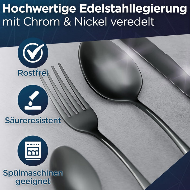 Glavory - Besteck Set 6 Personen Schwarz Hochglanz - 30teilig - Besteckset Spülmaschinenfest aus ros