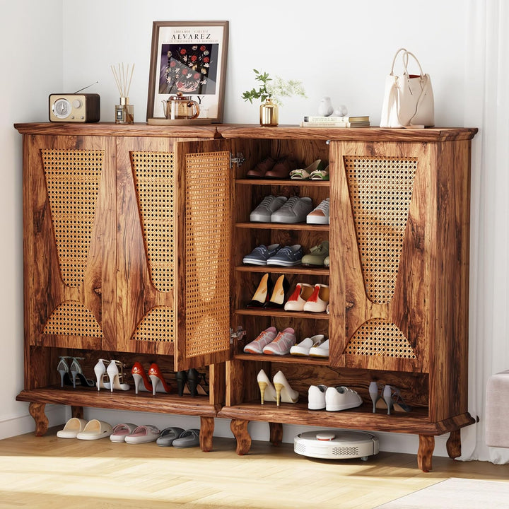 Tribesigns Rattan-Schuhschrank mit 2 Türen, 75x 37x 110cm, Schuhkipper schmal,7-stöckig Schuhregal f