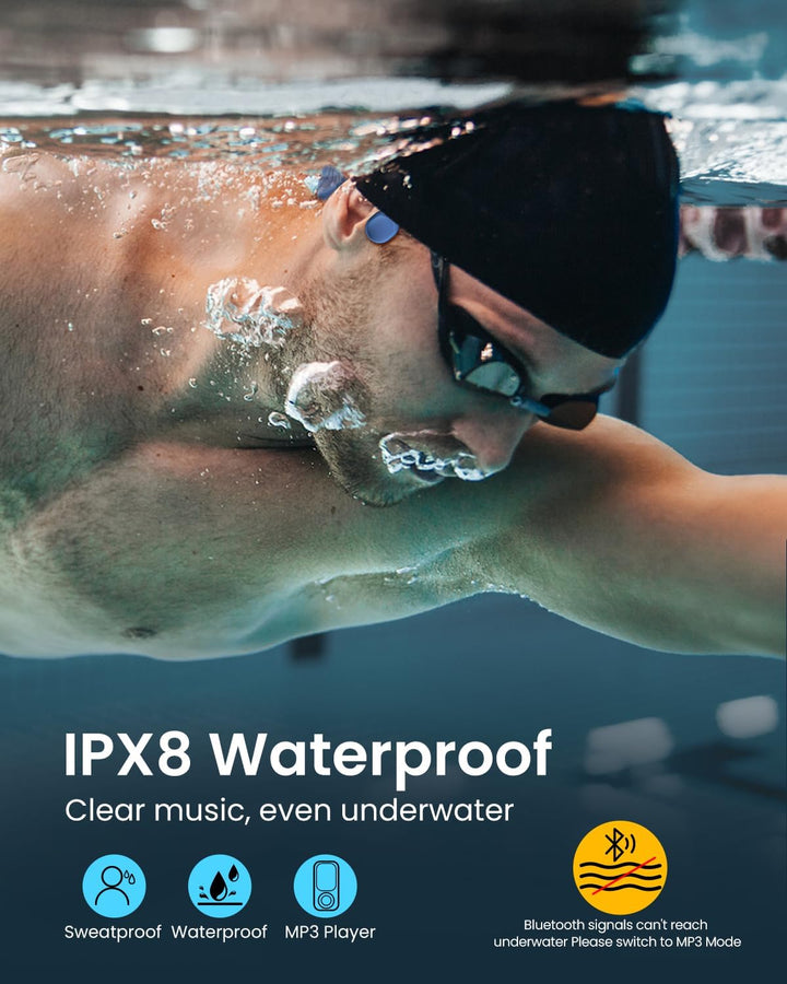 HIFI WALKER T10 Air Schwimmkopfhörer, IPX8 wasserdichte Knochenschall Kopfhörer mit 32GB MP3 Player,