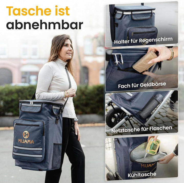 Einkaufstrolley mit grossen Rädern [45 kg Tragkraft] Leichter, klappbarer Hackenporsche mit Metallha