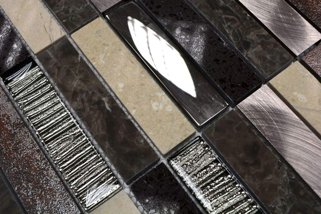 Mosaik Fliese Stäbchen Riemchen Edelstahl silber beige braun Glasmosaik für WAND BAD DUSCHE KÜCHE FL
