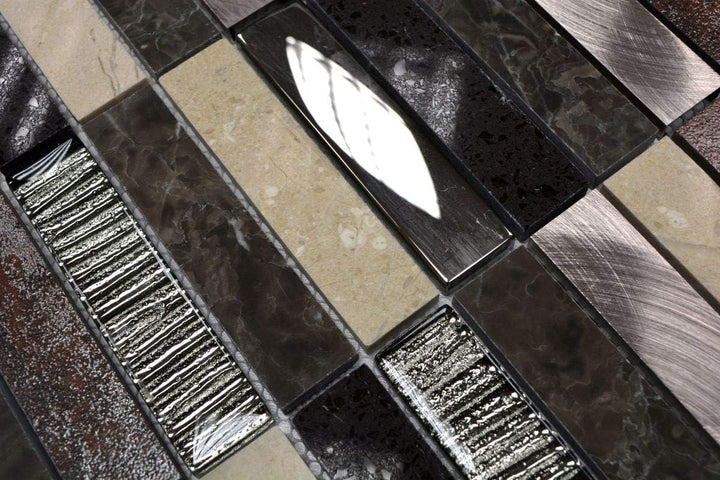 Mosaik Fliese Stäbchen Riemchen Edelstahl silber beige braun Glasmosaik für WAND BAD DUSCHE KÜCHE FL