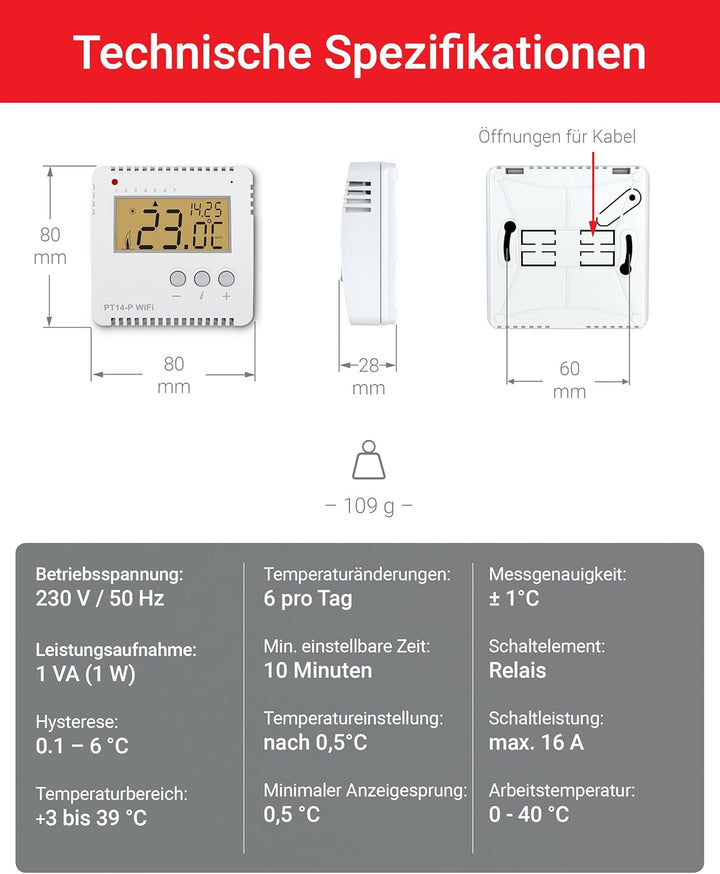Elektrobock Smart WLAN Thermostat PT14-P-WIFI, Heizungssteuerung per APP, Aufputzmontage, 16 A Weiss