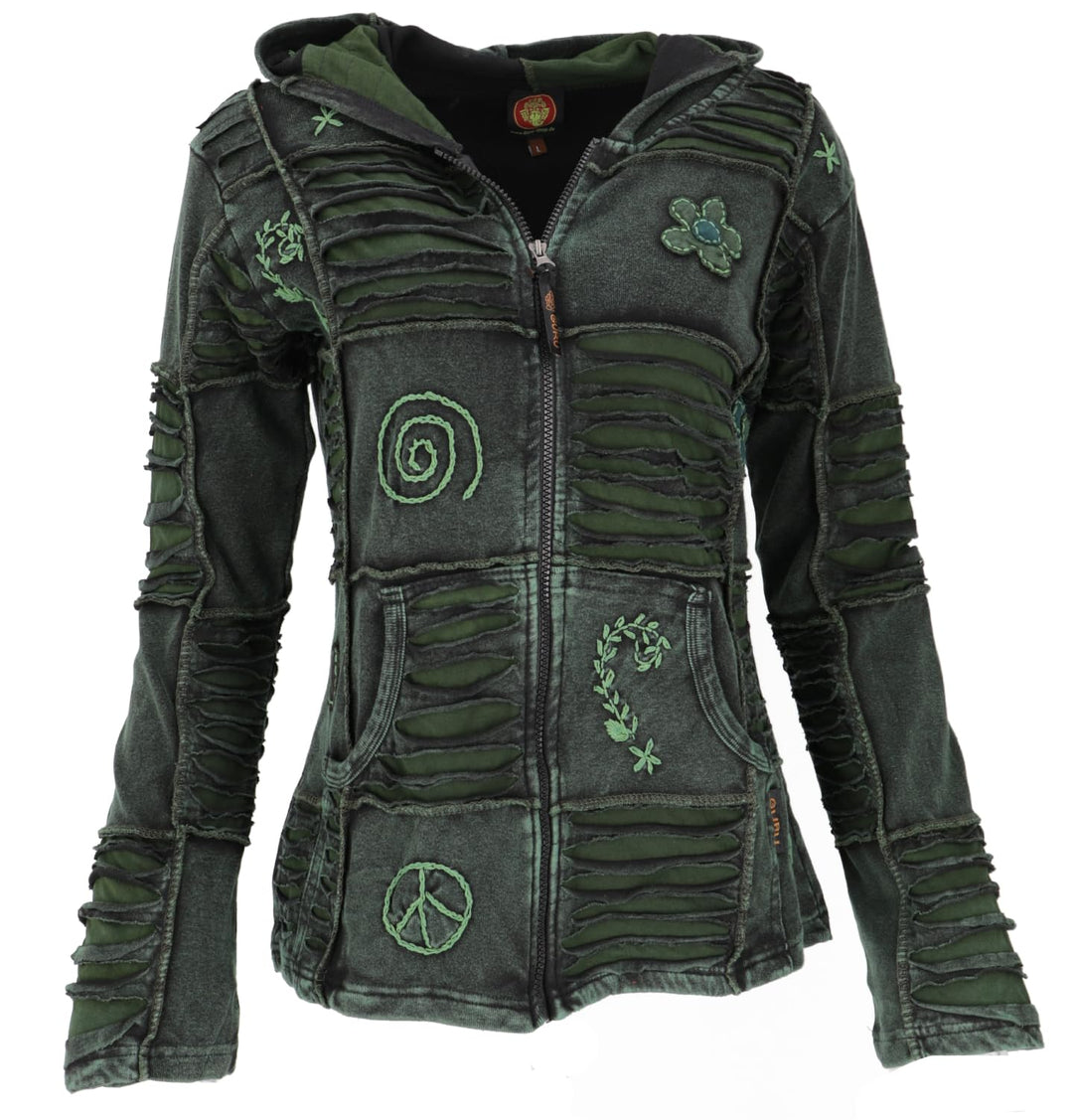 GURU SHOP Goa Patchwork Jacke, Kapuzenjacke, Damen, Baumwolle 38 Dunkelgrün, 38 Dunkelgrün