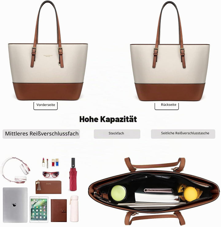 Damen Handtasche Schultertasche, Vintage Leder Tasche Shopper Gross für BüRo Schule Einkauf, Geschen