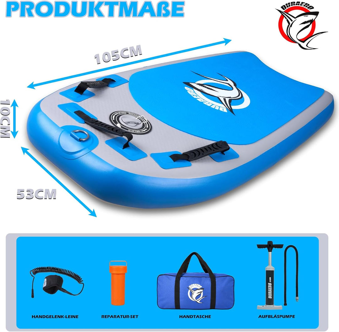 DURAERO Aufblasbares Bodyboard 105 x 53 x 10 cm, Boogie Board für Kinder und Erwachsene, mit 3 siche