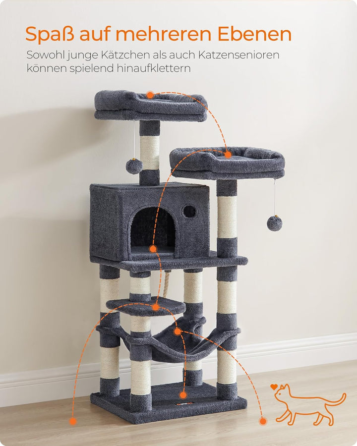 Feandrea Kratzbaum, 112 cm hoch, Katzenbaum mit 11 Kratzsäulen, 2 Plattformen, 1 Katzenhöhle, 1 Häng
