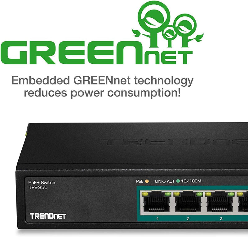 TRENDnet TPE-S50 6-Port Fast-Ethernet-PoE + -Switch, 4 x Fast-Ethernet-PoE + -Ports, 2 x Fast-Ethern