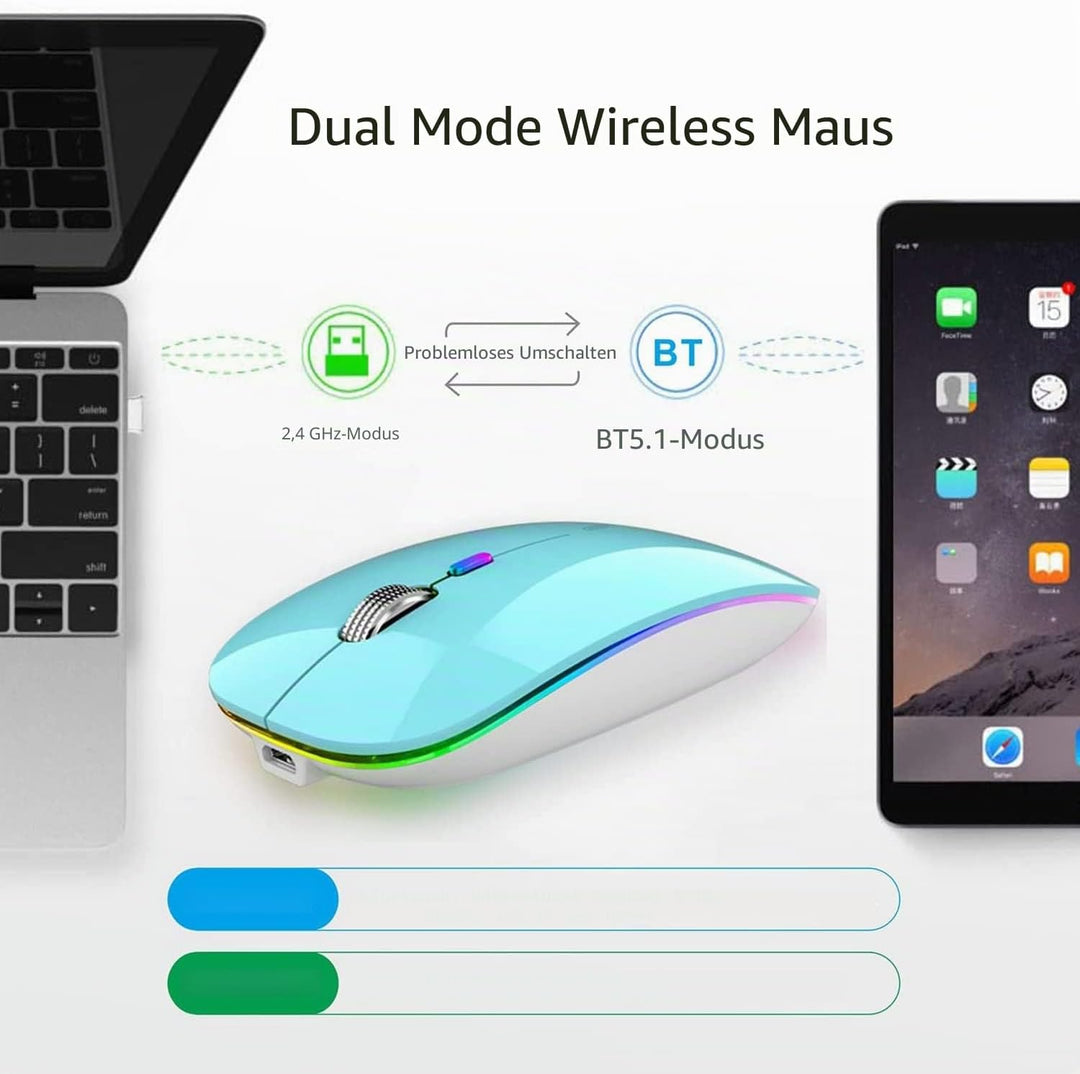 Uiosmuph Bluetooth Maus Kabellose, LED Funkmaus wiederaufladbar Leise Wireless Mouse 2.4GHz Kabellos
