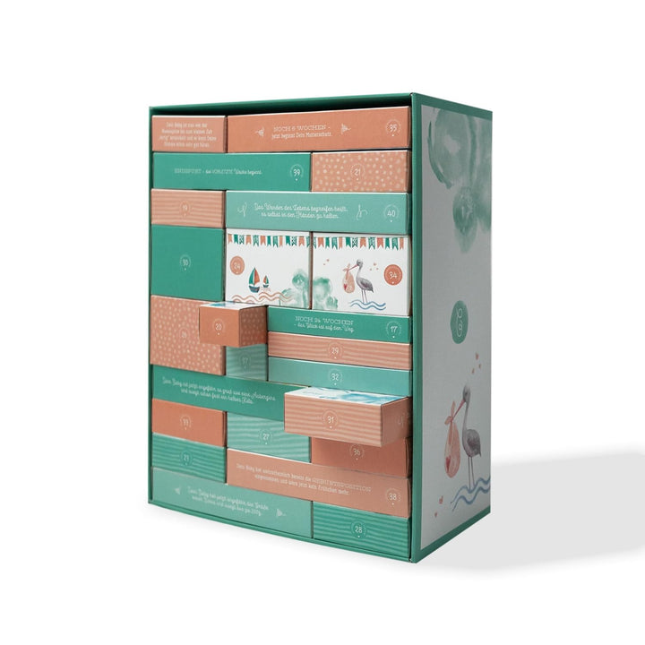 Erstausstattungs-Schwangerschaftskalender/Countdownbox mit Geschenken für 24 Schwangerschaftswochen