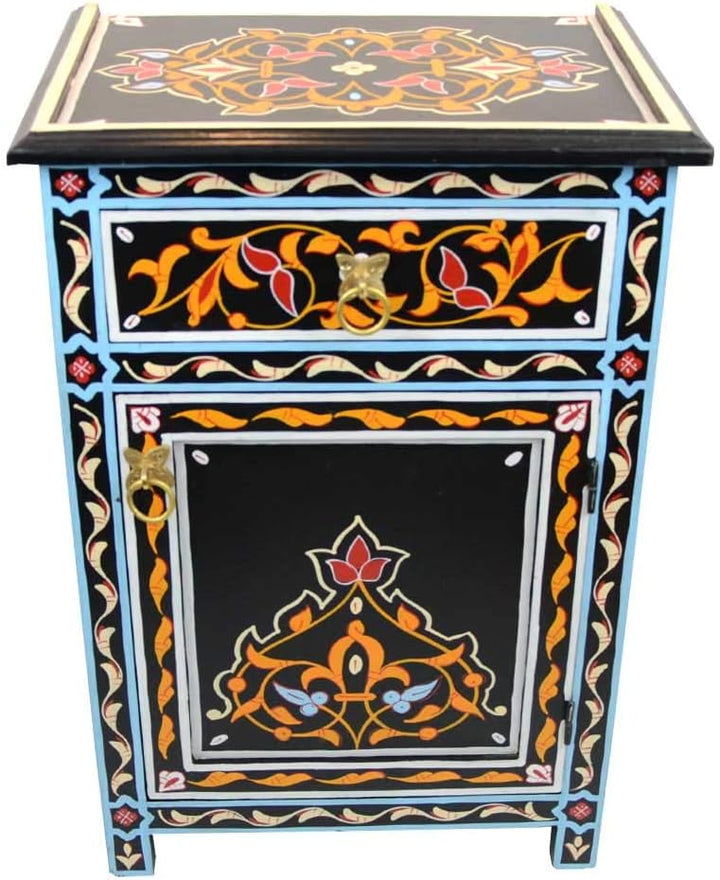 L´Orient Marokkanische Kommode Menara aus Vollholz Schwarz Handbemalt H 68 cm 1 Schublade 1 Tür | An