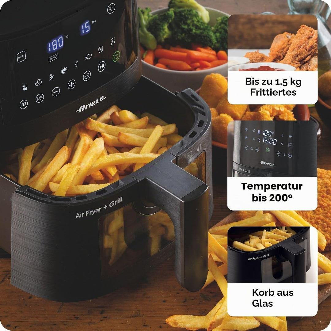 Ariete 4633 4L Heissluftfritteuse, 1400 W, 4L Fassungsvermögen, 9 Programme, Shake- und Grillfunktio