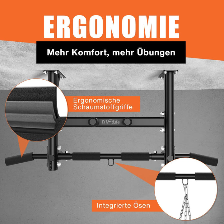 DH FitLife Klimmzugstange Deckenmontage 4in1 bis 200kg, Multifunktionale Pull Up Bar für Zuhause, 8