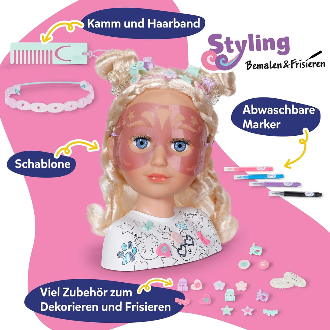 Baby Born Stylingkopf zum Frisieren &amp; Immer Wieder Bemalen Dank abwaschbarer Spezial-Marker und über
