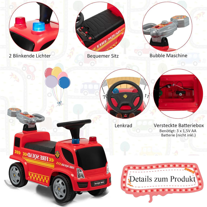 DREAMADE Rutscherauto Kinder mit Bubble Maschine, Feuerwehrfahrzeug Kinder bis 20kg, Rutschauto mit
