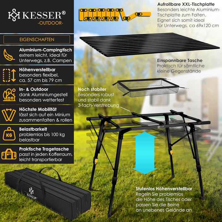 KESSER® Campingtisch faltbar Klapptisch mit Aluminiumrahmen Aufrollbare Tischplatte Falttisch klappb