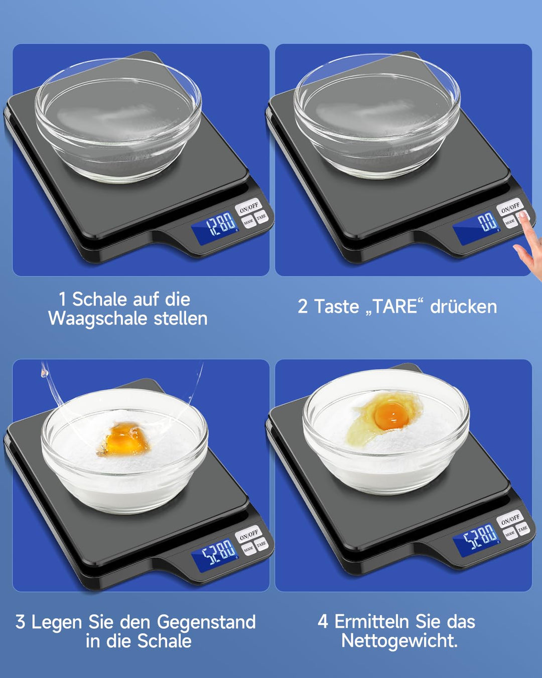 Küchenwaage Digital USB-Aufladung, 5KG/0.1g Tara Funktion, Waage küchen mit Grosser Edelstahl Küchen