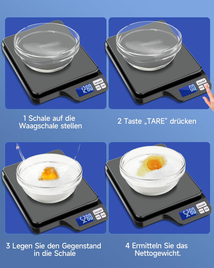 Küchenwaage Digital USB-Aufladung, 5KG/0.1g Tara Funktion, Waage küchen mit Grosser Edelstahl Küchen