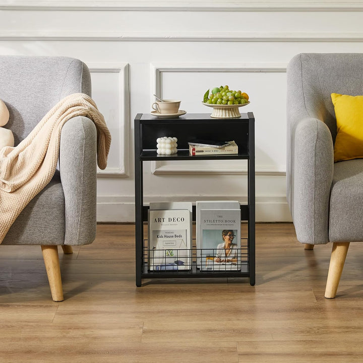 IBUYKE Kleiner Beistelltisch mit Zeitschriftenhalter,3 Etagen,Schmaler Beistelltisch mit Lagerregal,