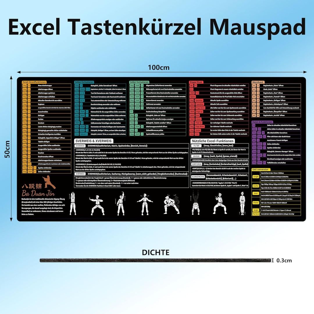 DAWNTREES Excel Mauspad Deutsch,Tastenkombinationen,100x50cm,Gross Gaming Mouse Pad XXL, Schreibtisc