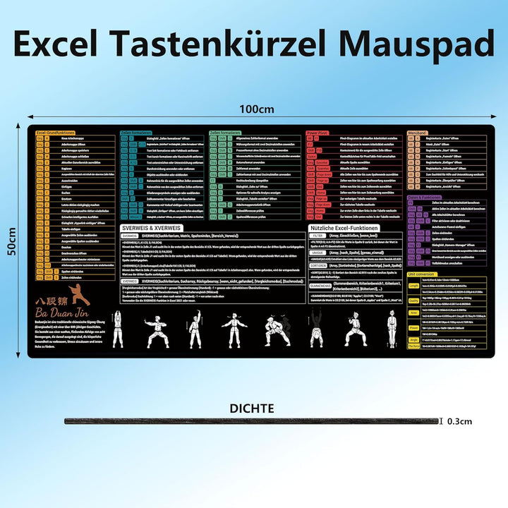 DAWNTREES Excel Mauspad Deutsch,Tastenkombinationen,100x50cm,Gross Gaming Mouse Pad XXL, Schreibtisc